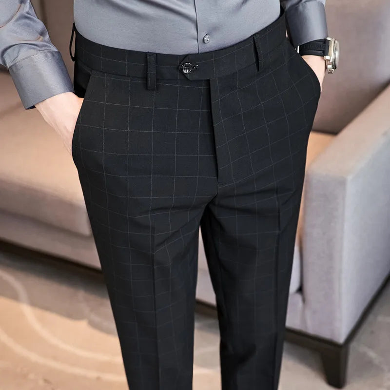 2026 High Quality Men's Plaid Striped Suit Pants Fashion Business Slim Fit Casual Straight Pants Formal Wedding Party Trousers