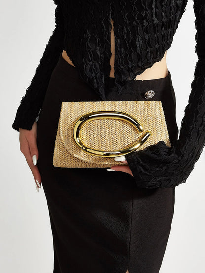 Women's Woven Clutch Bag with Flap, Stylish Handle, Detachable Shoulder Strap, Simple Solid Color, Wedding Season, Party, Prom, Gathering, Envelope Bag, Flap Bag, Summer Beach, Holiday Essential, Vacation Season, Solid Color,