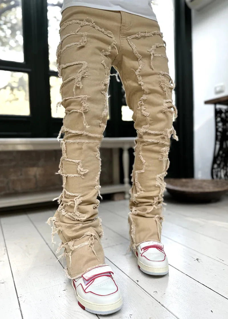 New European and American Heavyweight Streetwise Stretch Patch Jeans for Men, High Street Straight Fit Long Jeans16-3001
