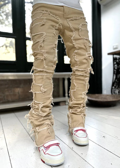 New European and American Heavyweight Streetwise Stretch Patch Jeans for Men, High Street Straight Fit Long Jeans16-3001