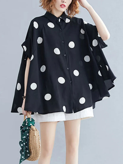 Black Vintage Polka Dot Print Blouse Women New Chiffon Lapel Short Sleeve Loose Casual Shirt Tops Fashion Summer Clothes 2026
