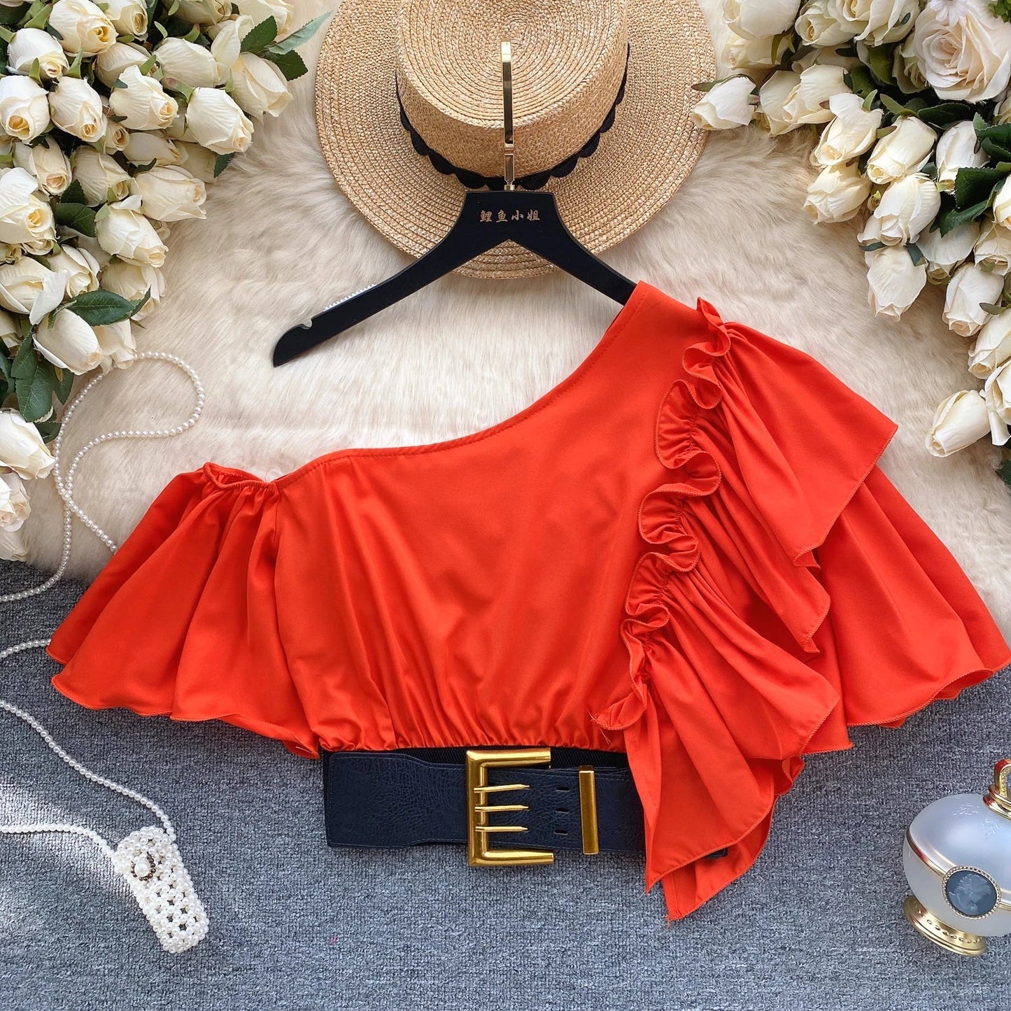 American Chic Blouse for Women Flounced Edge Skew Collar Bare Midriff Belt Skinny Shirts Summer Casual Female Tops Dropshipping