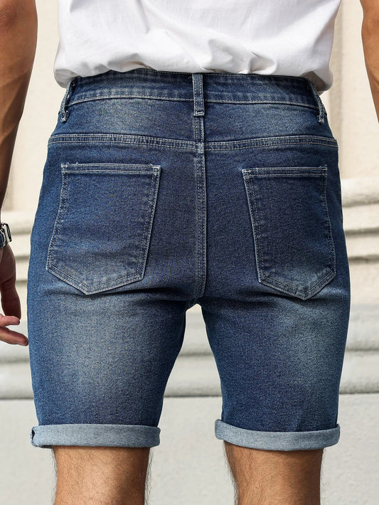 Men's Summer Denim Shorts, with a Blue Retro Texture. The Style Is Simple, Casual, and Street-Style.