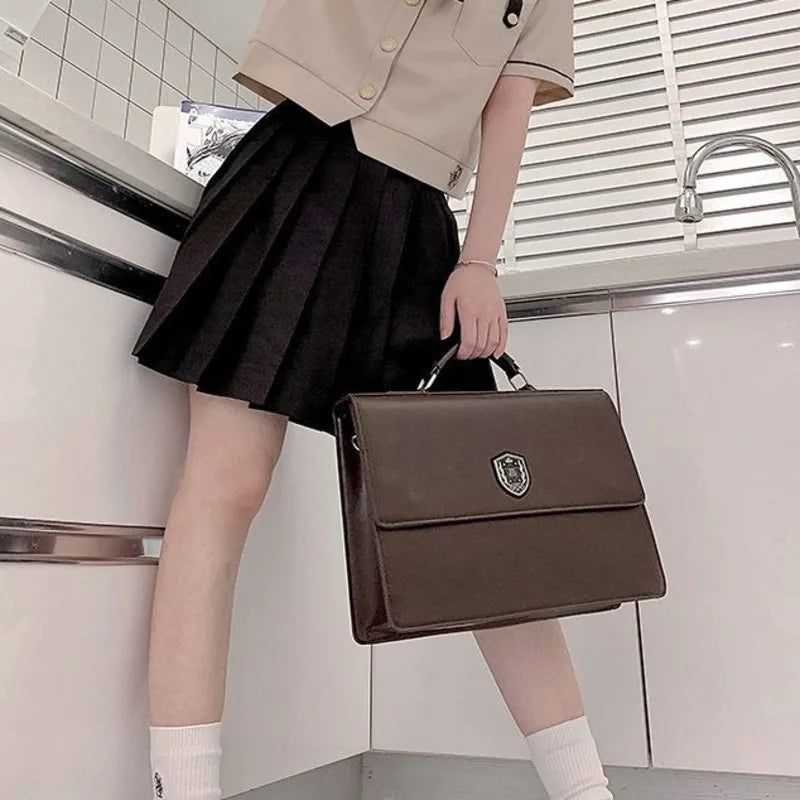 PU Brown Lolita Girls Japanese Handbags Transparent Pocket JK Uniform Student Messenger Bag Y2k Original Harajuku Square Itabags