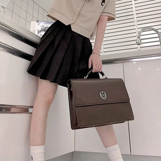 PU Brown Lolita Girls Japanese Handbags Transparent Pocket JK Uniform Student Messenger Bag Y2k Original Harajuku Square Itabags