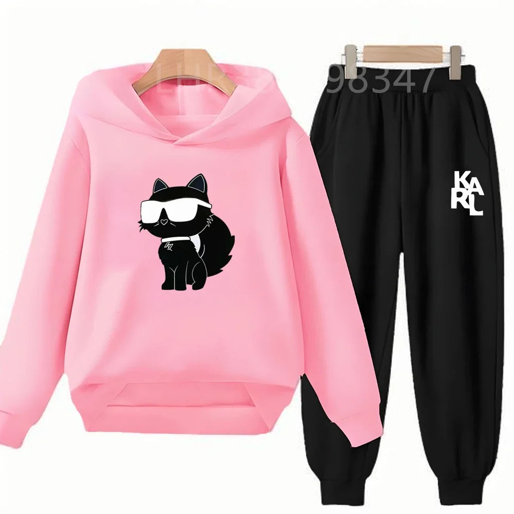 White Cat Black Cat Children's Hoodies Top+Bottom Suit Girls Pink Boy Black Age 3-12 Coat Casual Toddler Long Sleeves Clothing