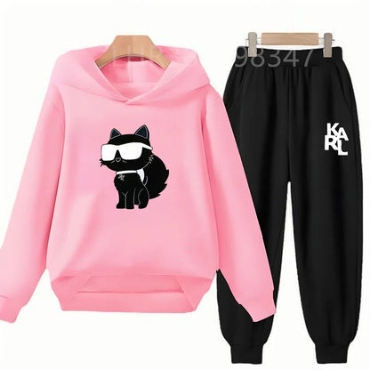 White Cat Black Cat Children's Hoodies Top+Bottom Suit Girls Pink Boy Black Age 3-12 Coat Casual Toddler Long Sleeves Clothing