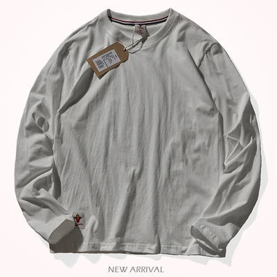 Autumn American Retro Long Sleeve O-neck Solid Color T-shirt Men's Fashion Simple 100% Cotton Washed Old Casual Bottoming Tops