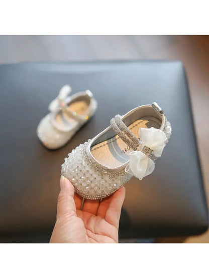 Girls Princess Shoes Lace Mesh Bows Kids Walking Shoes Non-slip Shiny Sequins 2025 New Children Flat Shoes Soft Sole Non-slip