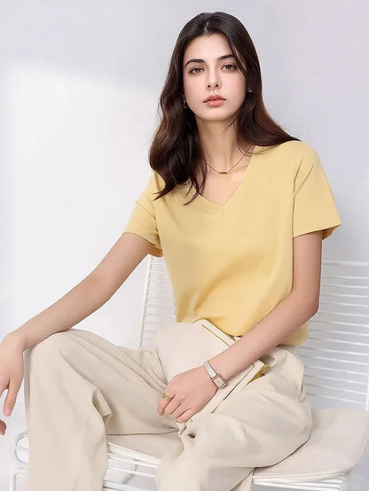 Women Solid T shirts, Silk Cotton Blend, O Neck, Short Sleeved Solid Tee,2025 Summer Candy Colors Basic Cozy Top Green