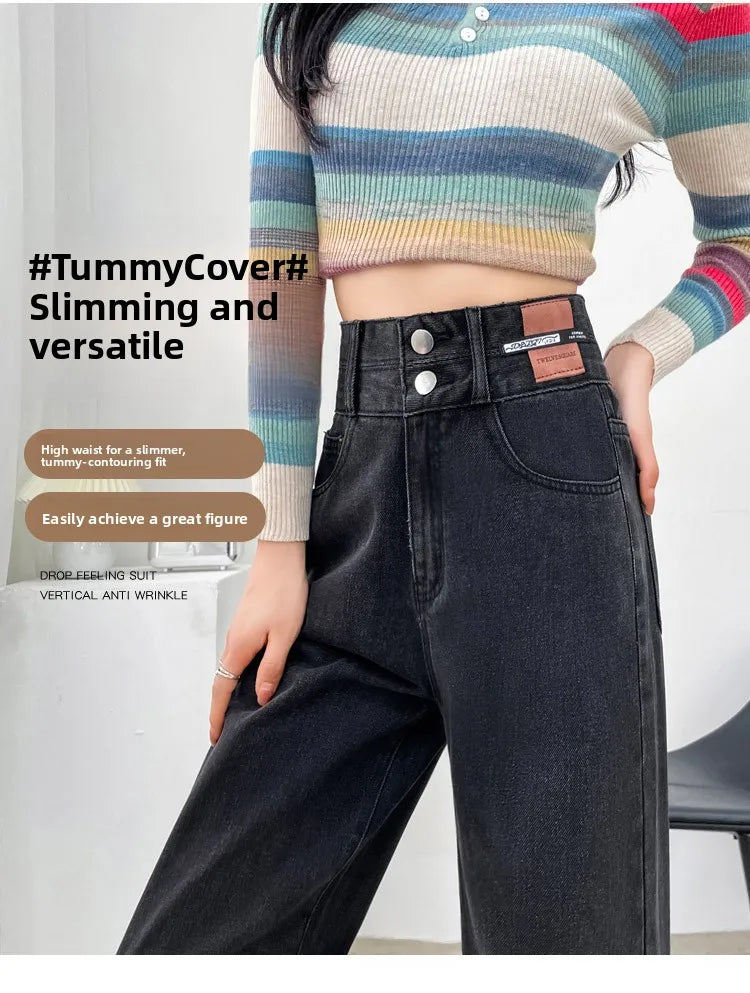 Slim Wide Leg Denim Jeans High Waist Double Bule Straight Cut Pants for Women Bla ey Autumn New Arrival Faionable Wea...