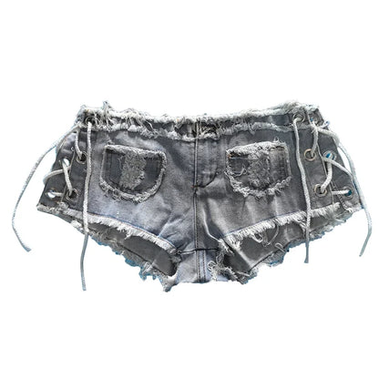 New Korean Summer European American Fashion Sexy Low Waist Ripped Rough Edge Women's Denim Shorts Slim Fit Slimming Hot Pants
