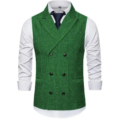 Men Vest Brown Herringbone Double Breasted Buckle Solid Business Casual Waistcoat Regular Slim Banquet Men Suit Vest
