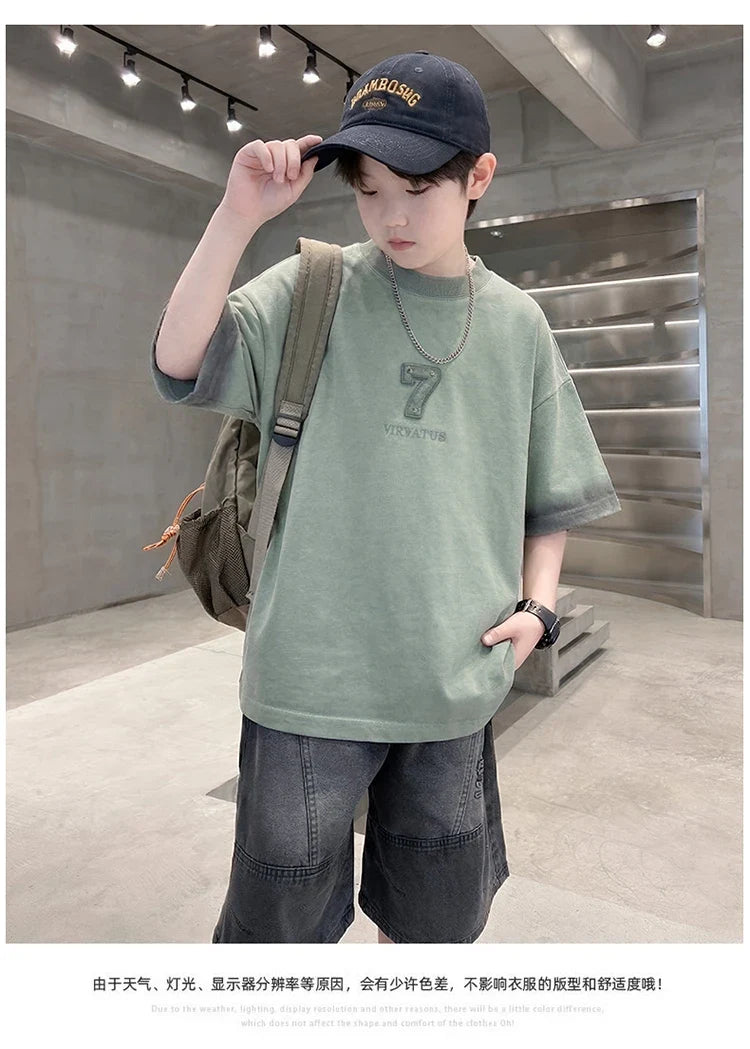 Luxurious Teen Boys Set For Child Elegant T-shirts + Denim Shorts 2PCS Clothes Set Summer Kids Luxury Clothing Set Age 6 To 16 Y