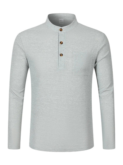 Men's casual waffle check long-sleeved shirt stand-up collar button semi-cardigan breathable and comfortable daily wear shirt