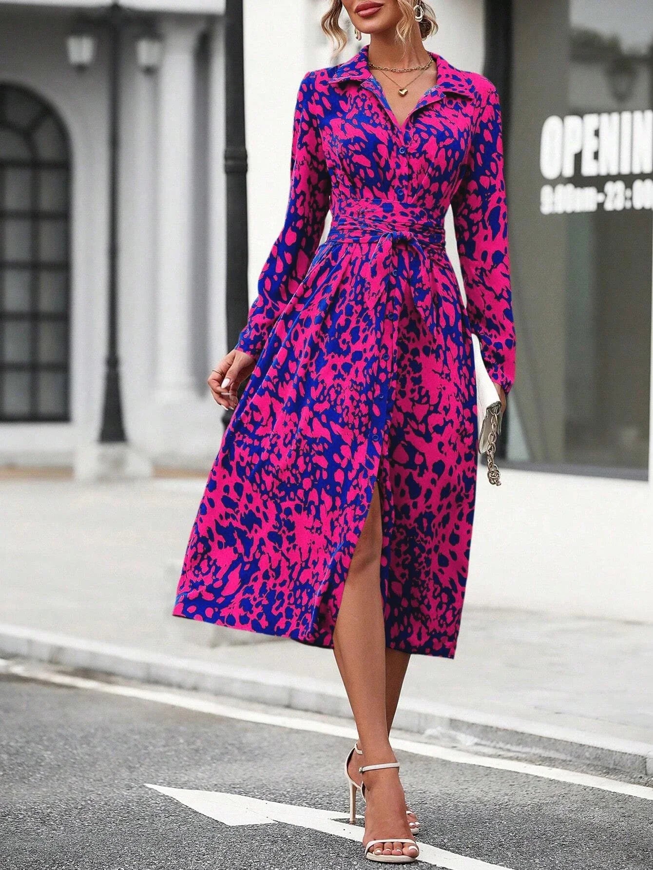 Elegant Random Print Button Down Shirt Dress Women's Long Sleeve Belted Waist Midi Dress Spring Fall Office Casual Dress