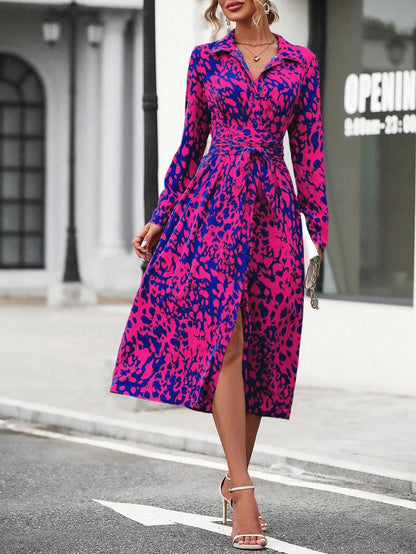 Elegant Random Print Button Down Shirt Dress Women's Long Sleeve Belted Waist Midi Dress Spring Fall Office Casual Dress
