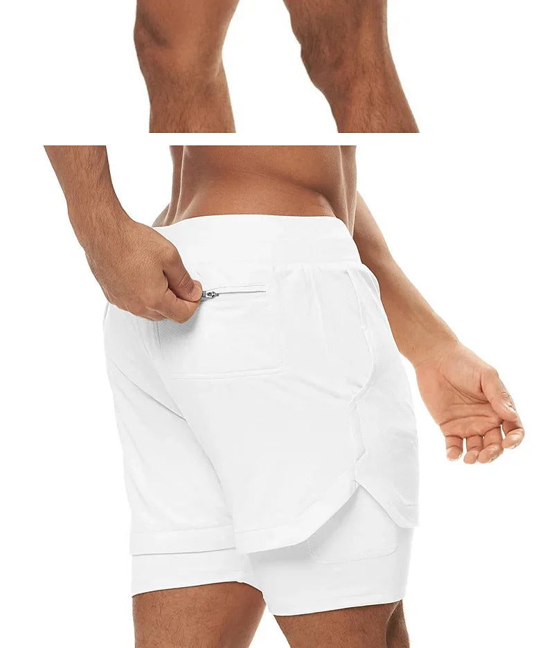 Men's 2 in 1 Double-deck Gym Shorts Quick Dry Summer Running Workout Shorts Zipper Pockets Slim Fit Fitness Training Short Pants
