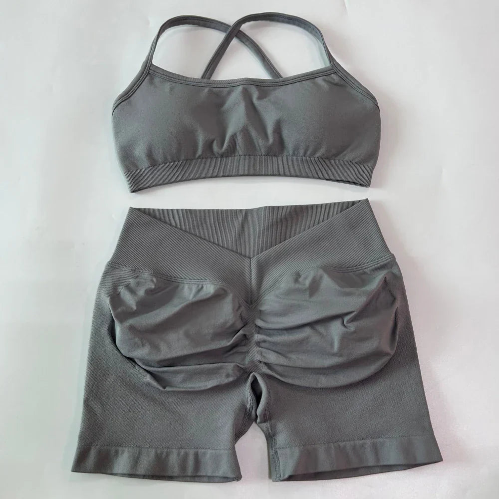 2 Pieces Set For Woman Clothes Seamless Scrunch Yoga Shorts Set Backless ktp Sports Bra Fitness Workout Top Gym Set Outfits