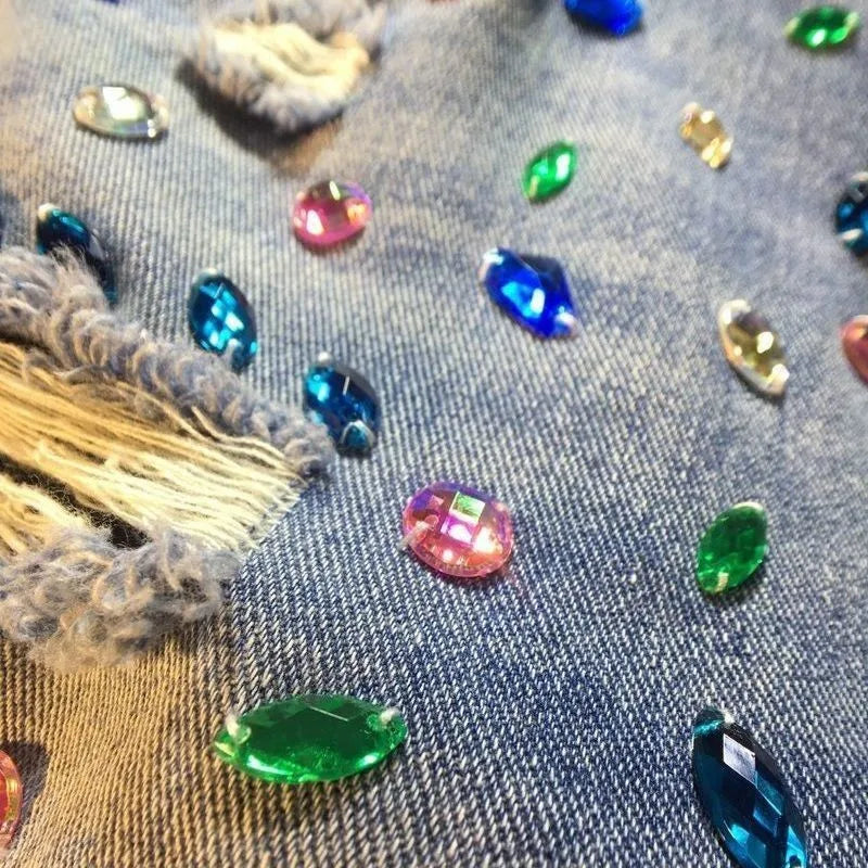 Jeans Hole Shorts Women Summer 2025 Short Pants High Waist Stretch Distressed Washed Diamonds Streetwear Straight Denims