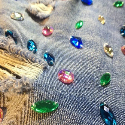 Jeans Hole Shorts Women Summer 2025 Short Pants High Waist Stretch Distressed Washed Diamonds Streetwear Straight Denims