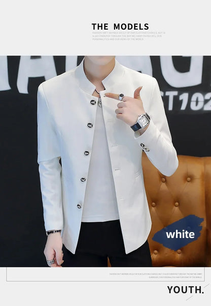 2024 Men's Slim Fit Long Sleeve Casual Suit Korean Trend Stand Collar Fashion Handsome Male Suit