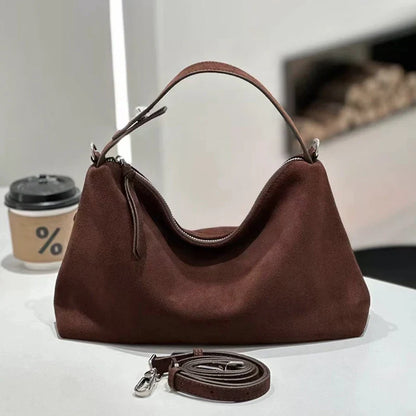 Fashion Autumn Winter Big Boston Tote Soft Matte Suede Cow Leather Women's Handbag Shoulder Crossbody Bag For Women Grey Brown