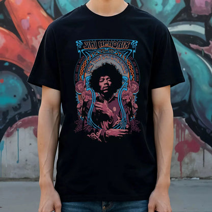 Jimi Hendrix Graphic T-Shirt Psychedelic Rock Art Graphic Tee Men Women Summer Men's T-Shirt Black Crew Neck Cotton Tee