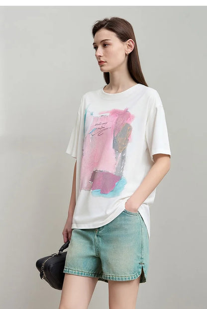 Women's T-Shirt 2026 Summer New Cotton O-Neck Drop Shoulder Tee Casual Printed Loose Short Sleeve Top For Women 12642030