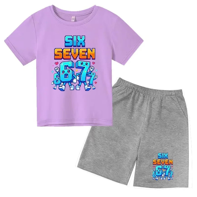Boys Girls 3-12Y Summer Fashion Outfit 67 Number Cartoon Print T-shirt and Shorts Casual Two-Piece Clothing Set
