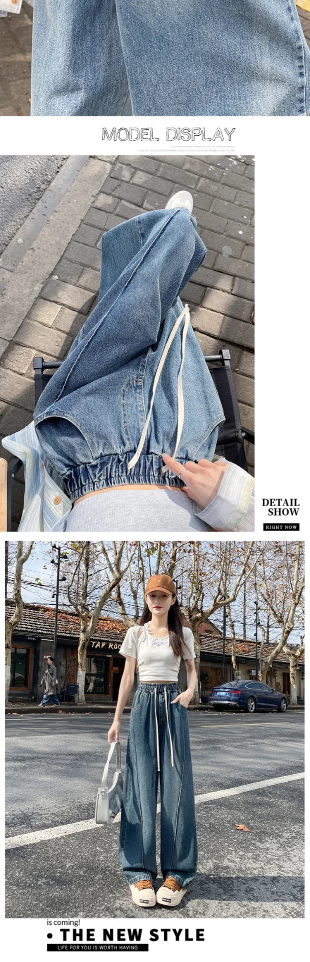 High Waist Wide Leg Jeans Women's Loose Fit Dstring Elastic Waist Long Trousers Blue Denim Spring Season Faion plus Size