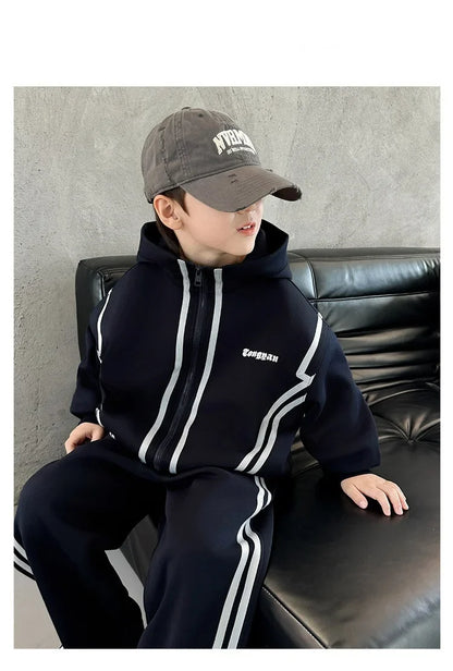 SpringAutumn Boys Navy Striped Zip Sweatshirt Jacket+Sweatpant Work Set School Kids 2PCS Tracksuit Children Jogger Outfit 5-16Yr