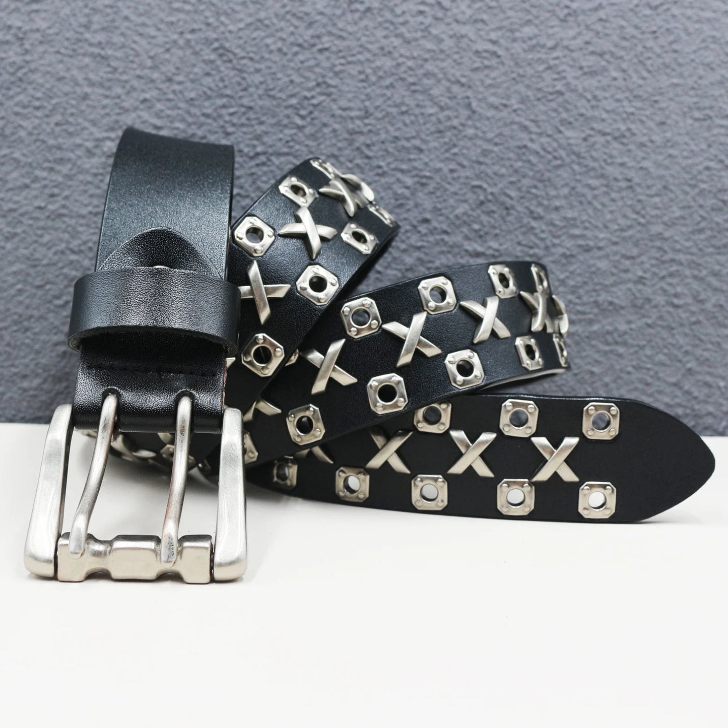Rock Genuine Leather Luxury Punk Belt Jeans Heavy duty Hollow manual  Designer Brand Belt Men Rivet Three-pin buckle Belt Male