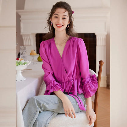 Long Sleeved Women's Shirt 2025 Spring/Summer V-neck Multi-layer Ruffled Cuffs and A Patchwork Hem Splicing Shirt