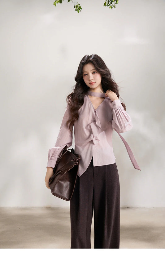 Women's Purple Sweet Shirts 2026 Spring Ribbon V-Neck Ruffled Asymmetrical Shirt Back Lace-up Waist Casual Top MXF13X2527