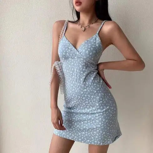 Sleeveless Vintage Floral Spaghetti Strap Short Dress Woman Clothing V-neck Backless Fashion Summer Mini Camisole Womens Dresses