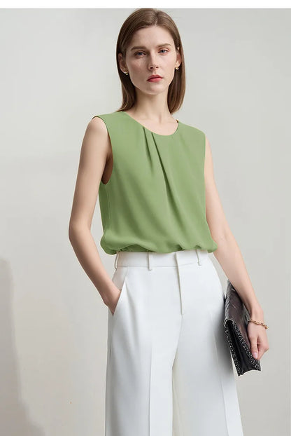 Sleeveless Women's Blouse 2026 Summer O-Neck Asymmetric Chiffon Top For Women Elegant Pleated Office Flowy Shirt 12642060