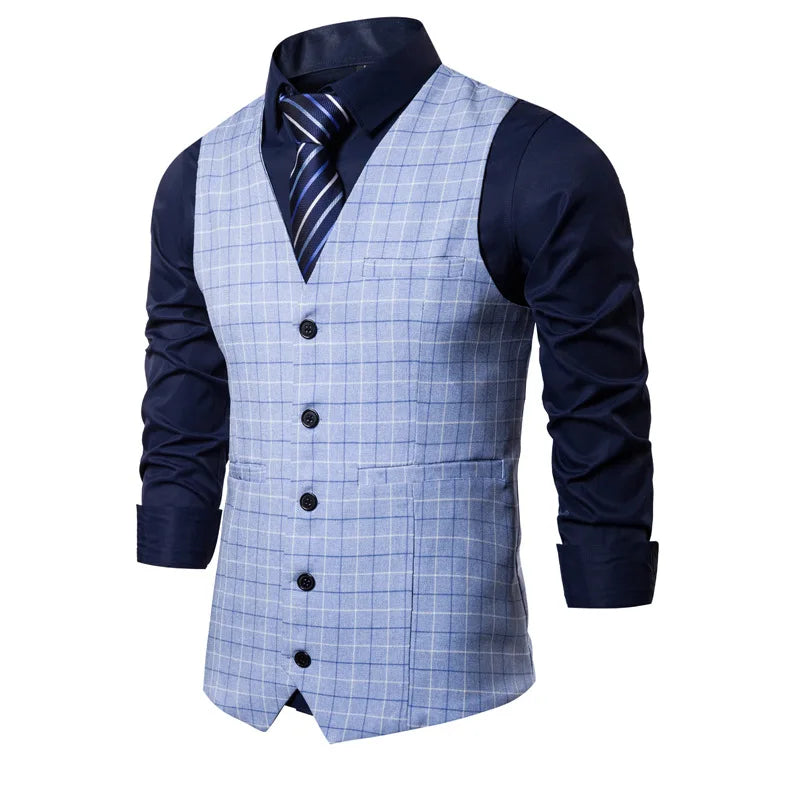 2026 Man Waistcoat Slim Plaid Business Casual Male Suit Vest V-neck Sleeveless Breathable Wedding Party Vest for Men