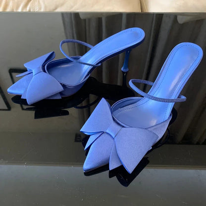 Fashion Bow knot High Heels Sandals Women 2025 Summer Slingback Pumps Vintage Satin Pointed Toe Heeled Elegant Party Lady Shoes