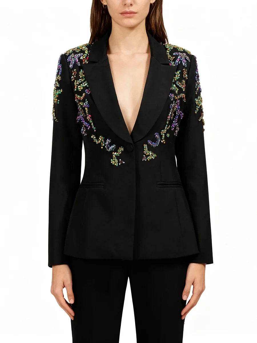 Solid Slimming Spliced Beading Fashion Blazers for Women Lapel Long Sleeves Tunic Temperament Blazer Female Clothes