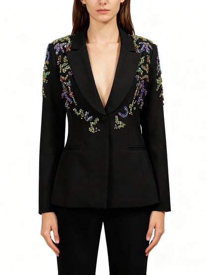 Solid Slimming Spliced Beading Fashion Blazers for Women Lapel Long Sleeves Tunic Temperament Blazer Female Clothes