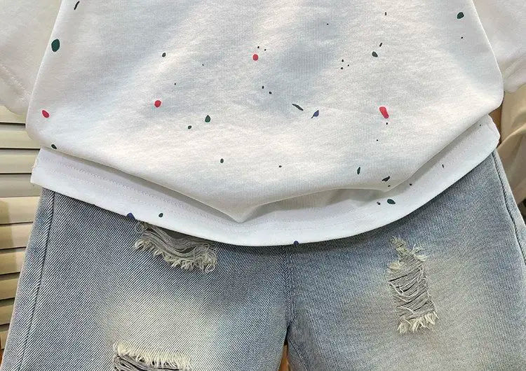 Toddler Boys Summer Outfit Set, Short Sleeve Letter Print T-Shirt + Ripped Denim Shorts, Casual Kids 2Pcs Clothes Set