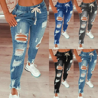 Women's S-5XL Size Tight Waist Jeans Women's Mid Waist Lace up Slim Fit Elastic Feet Pants Perforated Denim Pants