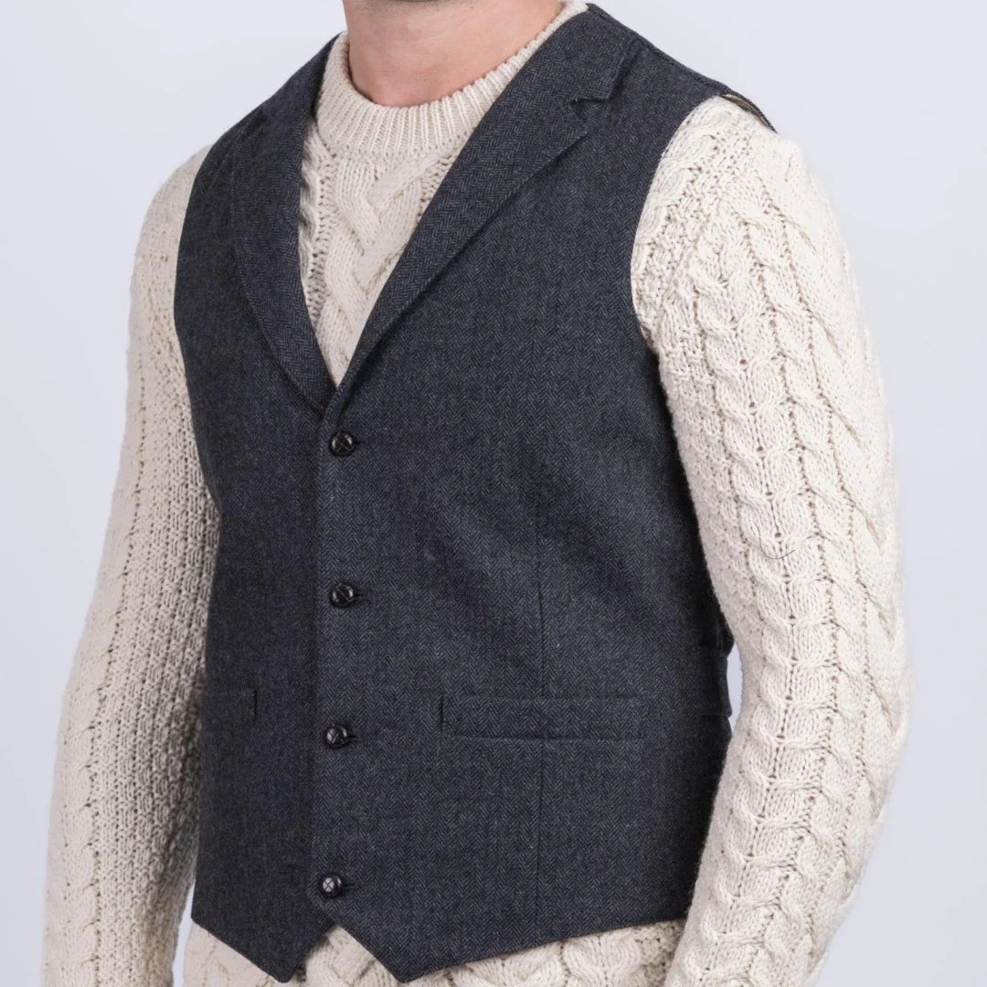 Men Vest Navy Blue Herringbone With Lapel Single Button Waistcoat For Wedding Party Business Office Work Daily Men Suit Vest