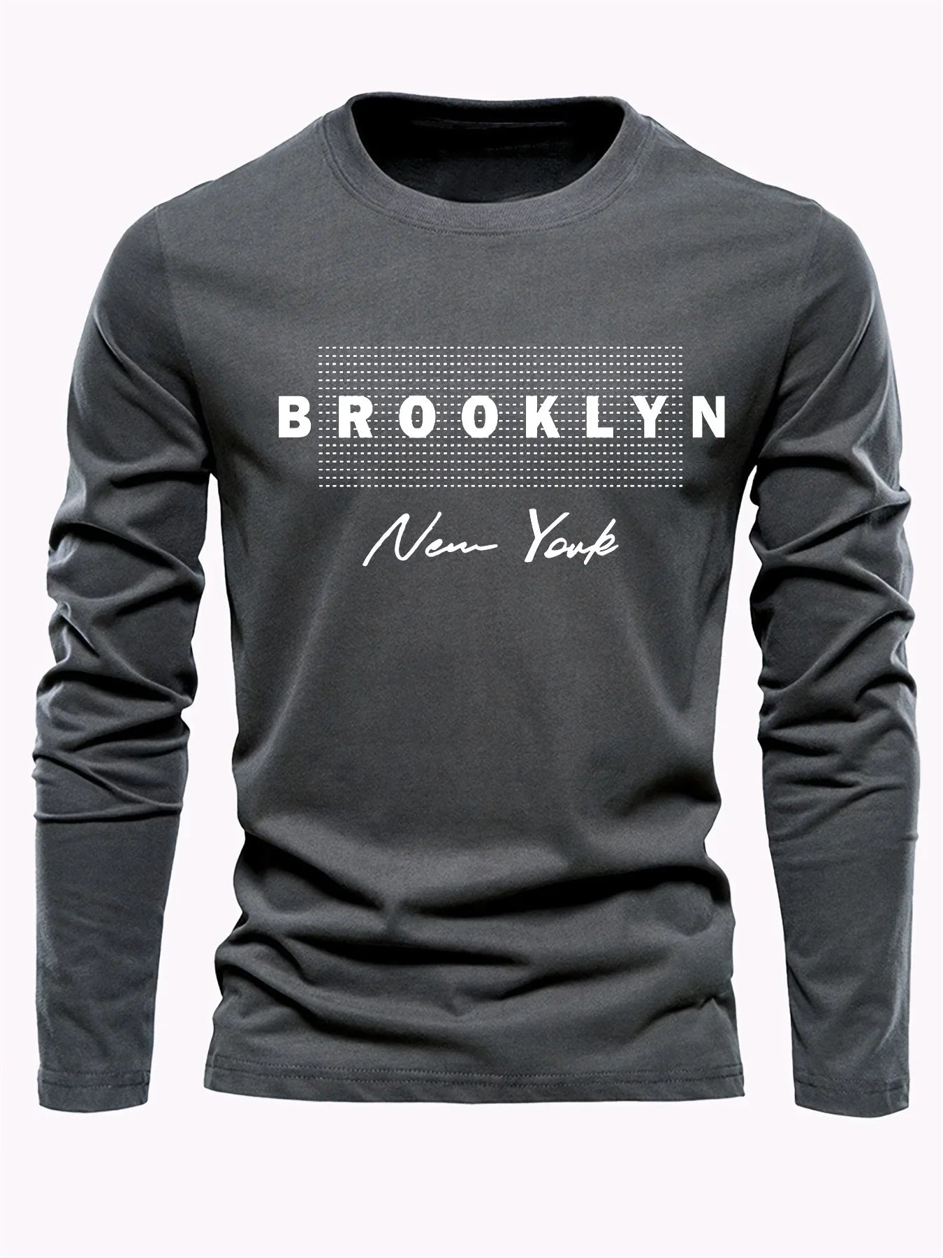 Men's 100% pure cotton loose and comfortable casual sports Brooklyn New York letter printed round neck long sleeved T-shirt top