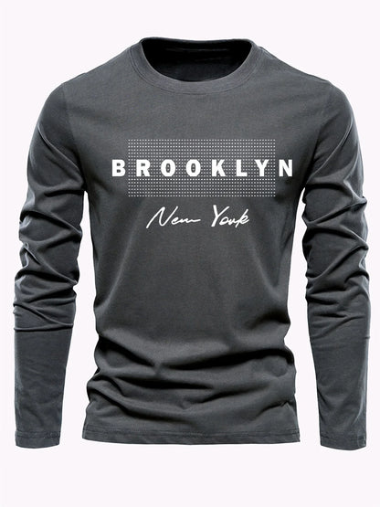 Men's 100% pure cotton loose and comfortable casual sports Brooklyn New York letter printed round neck long sleeved T-shirt top