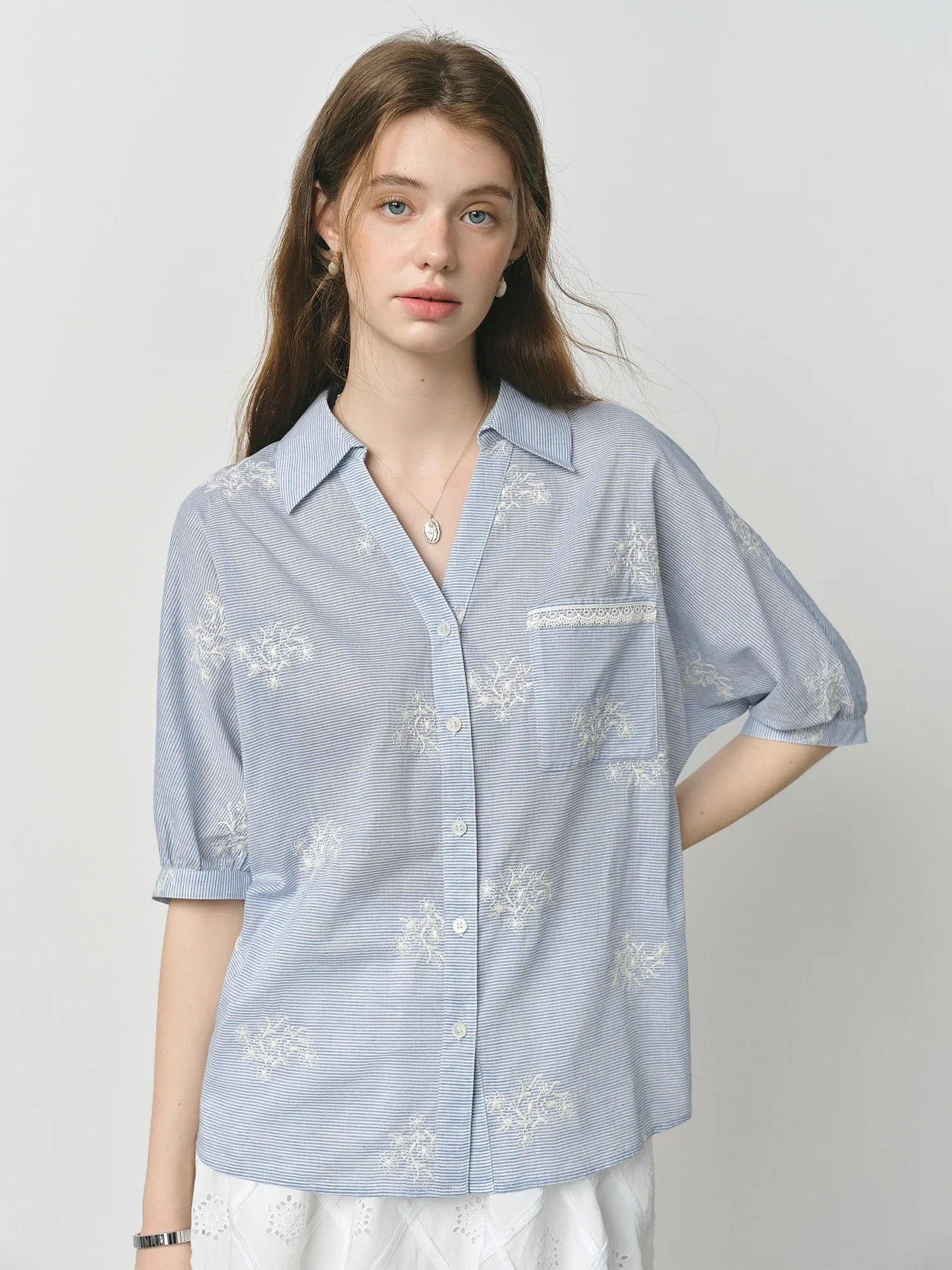 Summer Garden Embroidery Heavy Striped Shirt Women 2025 Summer New Back Hollow Top 25FS12883