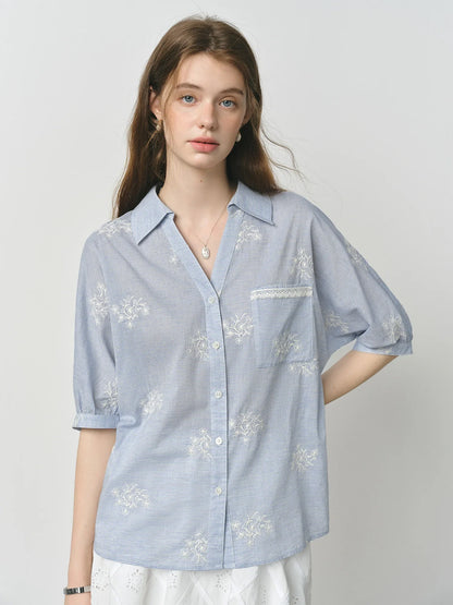Summer Garden Embroidery Heavy Striped Shirt Women 2025 Summer New Back Hollow Top 25FS12883