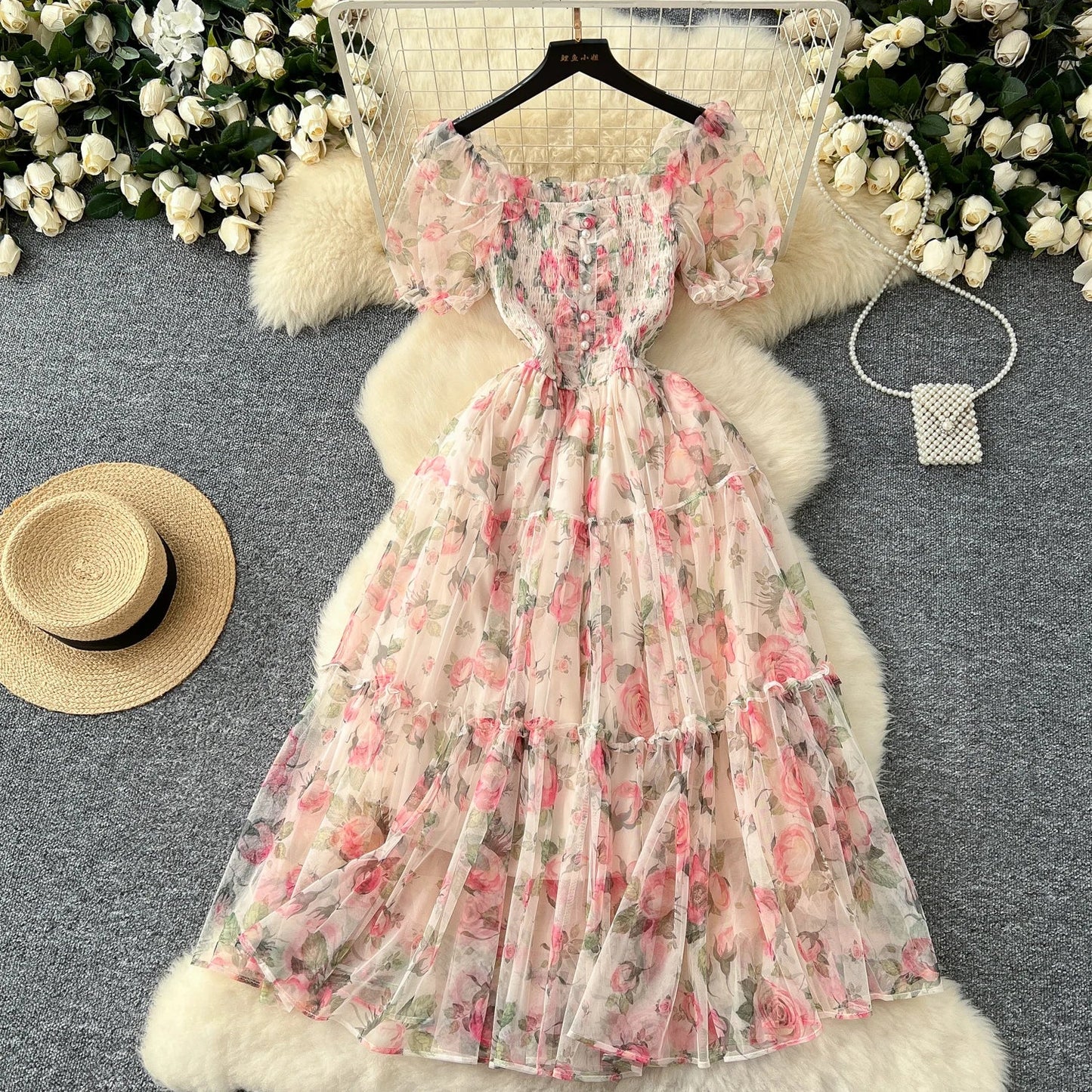 Retro Floral Chiffon Dr Women's Waist Cinched Bubble Sve Me Skirt Tea Break Gentle Soft Sle Korean High Waist A-Lin...