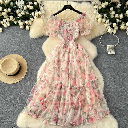 Retro Floral Chiffon Dr Women's Waist Cinched Bubble Sve Me Skirt Tea Break Gentle Soft Sle Korean High Waist A-Lin...